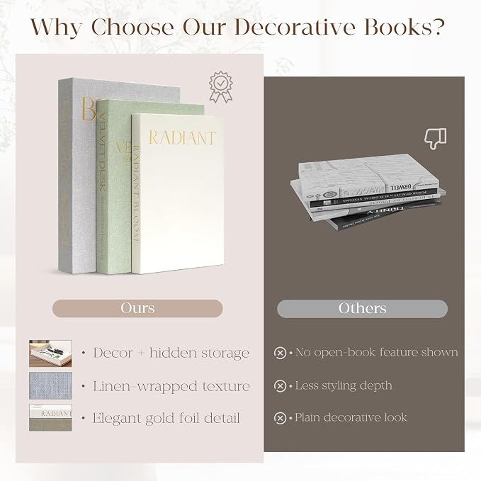 Decorative Books for Home Decor, Set of 3 Linen Faux Book Boxes with Hidden Storage for Coffee Table, Bookshelf, Mantel, Entryway Decor, Photo Storage and Keepsake Box