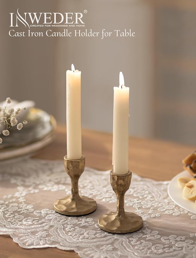 Antique Brass Candlestick Holders: Cast Iron Taper Candle Holder Handcrafted Gold Vintage Candle Sticks Holder Rustic Fall Decor for Dinning Table Mantel Home Party Set of 2