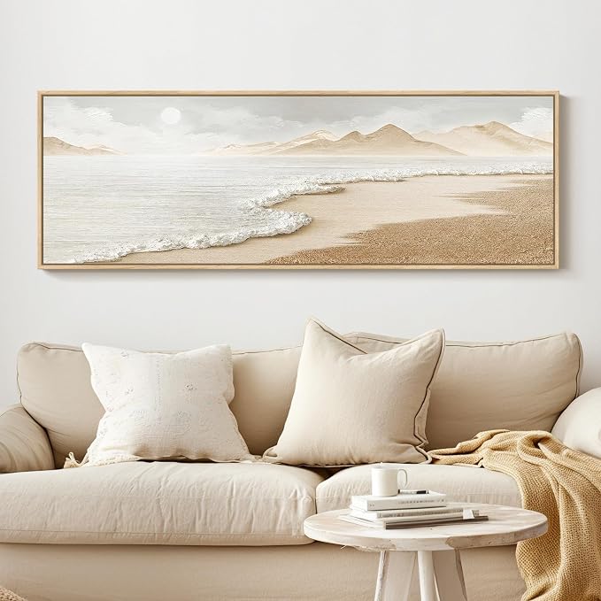 Framed Boho Coastal Beach Wall Art for Living Room, Large Neutral Ocean Canvas Artworks for Walls, Long Horizontal Abstract Minimalist Coastal Art Print for Bedroom Kitchen Office Wall Decor, 16x48 In