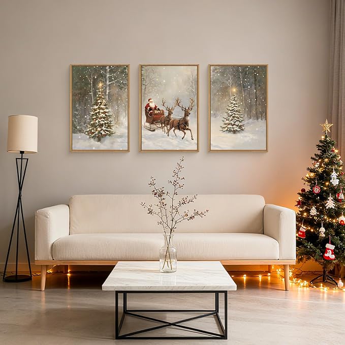 LHIUEM Christmas Santa Reindeer Framed Canvas Wall Art Set,Vintage Trees Snowy Wall Decor,Sleigh Deer Forest Winter Wall Printing for Living Room,Bedroom,Dining Room,Office -24"x36"x3