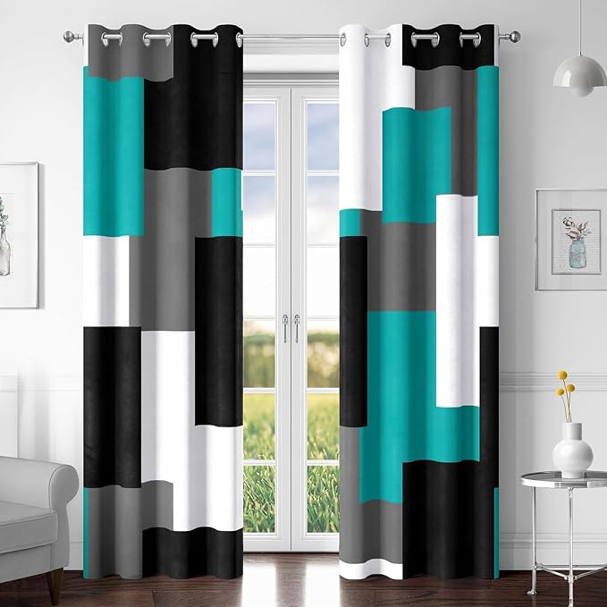 Tyrot Teal/Turquoise 100% Blackout Curtains for Bedroom 108 inch Extra Long 2 Panels Set Black Grey Modern Abstract Geometric Black Out Curtains Room Darkening Window Drapes for Living Room, 52Wx108L