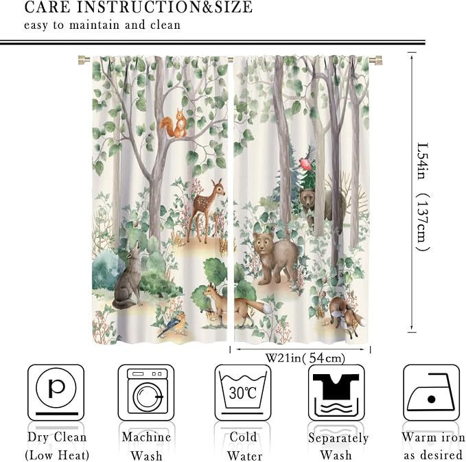 Forest Animal Kids Curtains, Wild Rustic Bear Fox Deer Children Cartoon Window Treatments for Living Room, Watercolor Blackout Drapes 2 Panel Sets,42x54 Inch