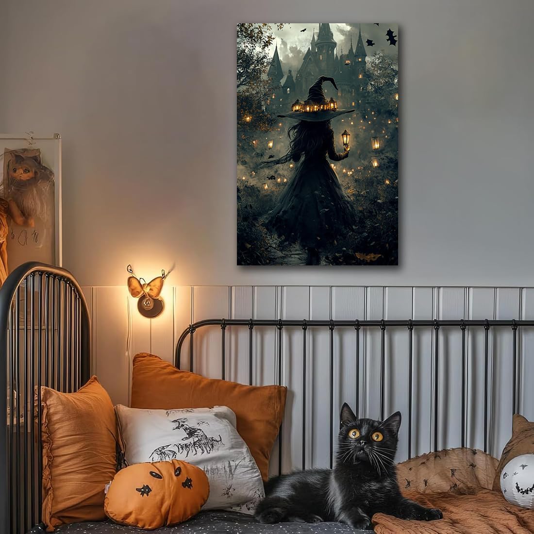 Halloween Witch and Haunted House Canvas Wall Art,Dark Academia Scary Witch Castle Posters Prints,Thriller Horror Gothic Wall Decor Pictures for Halloween Party House Decoration,16"x24" Unframed