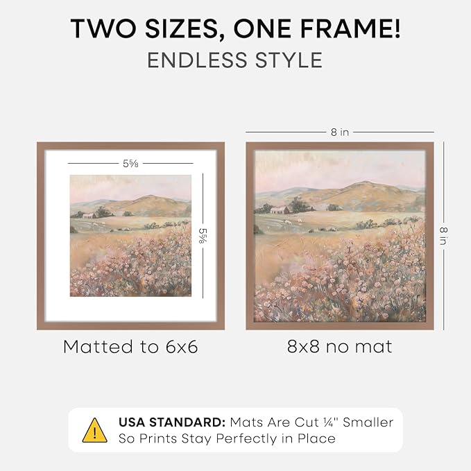 Homeforia 8x8 Mocha Picture Frame, High End Metal 8 x 8 Square Photo Frames with Mat 6 by 6, 8x8 Poster Frame Matted to 6x6 inch Print, 8by8 Wall or Tabletop Frames, Tempered Glass, Wall Kit, Set of 1