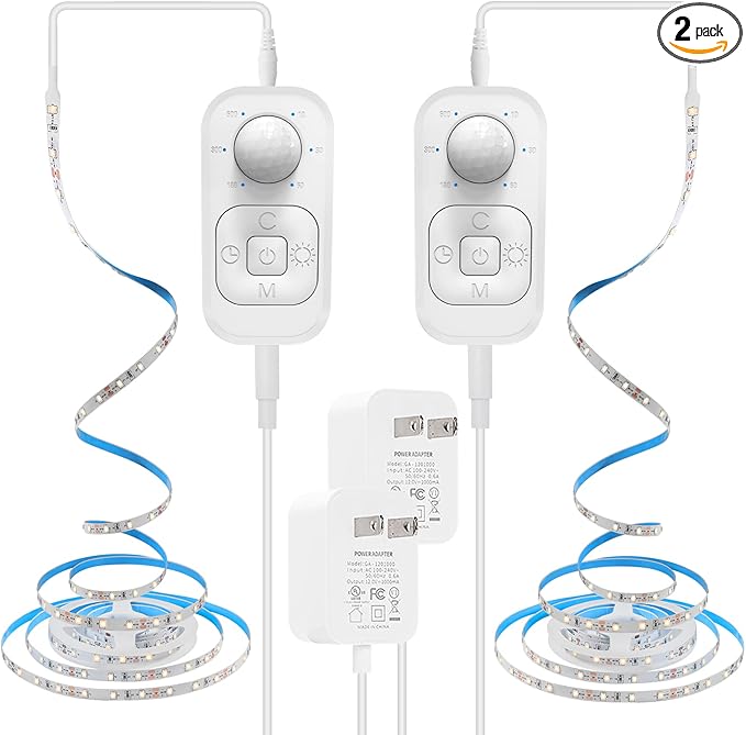 Motion Sensor Under Cabinet Lights - Plug-in LED Strip Lights Indoor With UL FCC Approved Adapter, Dimmer And Timer For Kitchen Cabinet, Counter, Shelf, Showcase, Stairway, Bedroom, Corridor, Washroom