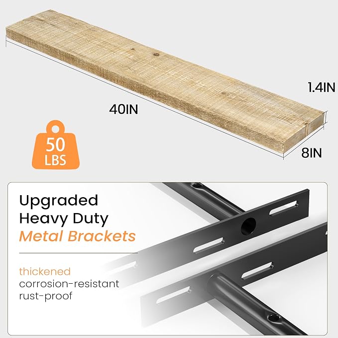 Fun Memories 40 Inch Reclaimed Wood Floating Shelves for Wall, 8 Inch Deep Rustic Farmhouse Floating Shelf with Invisible Bracket for Living Room, Bathroom & Kitchen, Natural