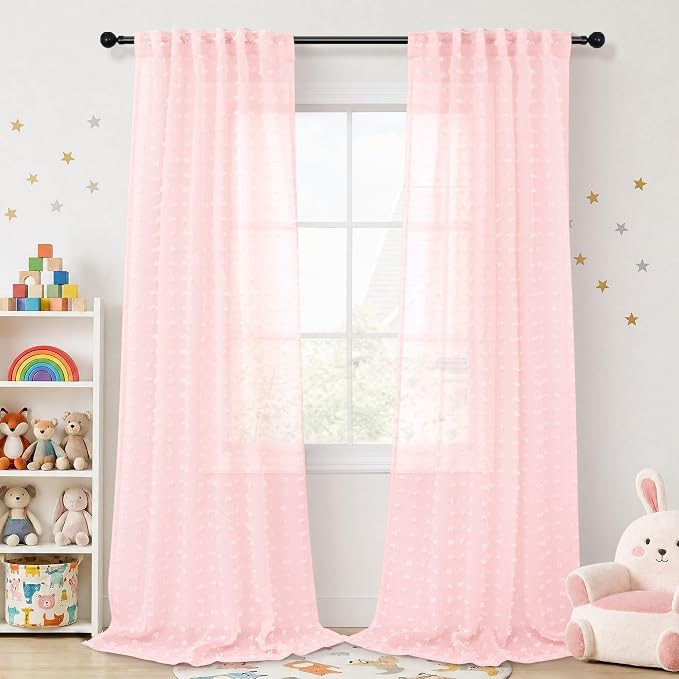 Boho Pom Pom Curtain for Girls Bedroom Light Pink Sheer Curtains for Living Room 96 Inch Length 2 Panels Airy Sunlight Filtering Back Tab Butterfly Soft Pretty Voile Drape for Princess Baby Pink 52x96