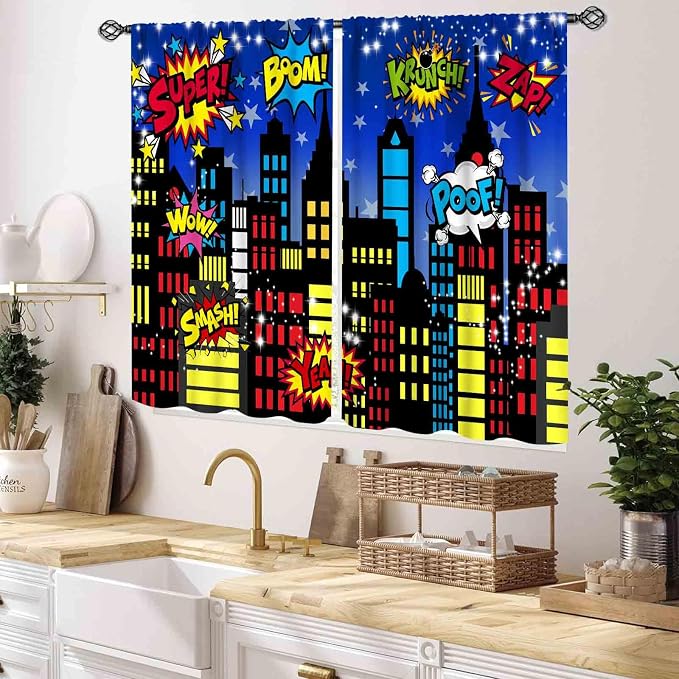 Superhero City Curtains, Comic Night Starry Skyline Cityscape Buildings Comic Blackout Window Curtains for Boys Kids Baby Room Bedroom Living Nursery 2 Panel Sets, 55x39 Inch