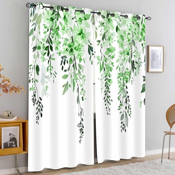 Green Watercolor Floral Curtains, Botanical Leaves Vine Flowers Curtain, Rustic Farmhouse Flower Leaf Blackout Window Treatment Drapes for Bedroom Living Room 52x90 inch, 2 Panels
