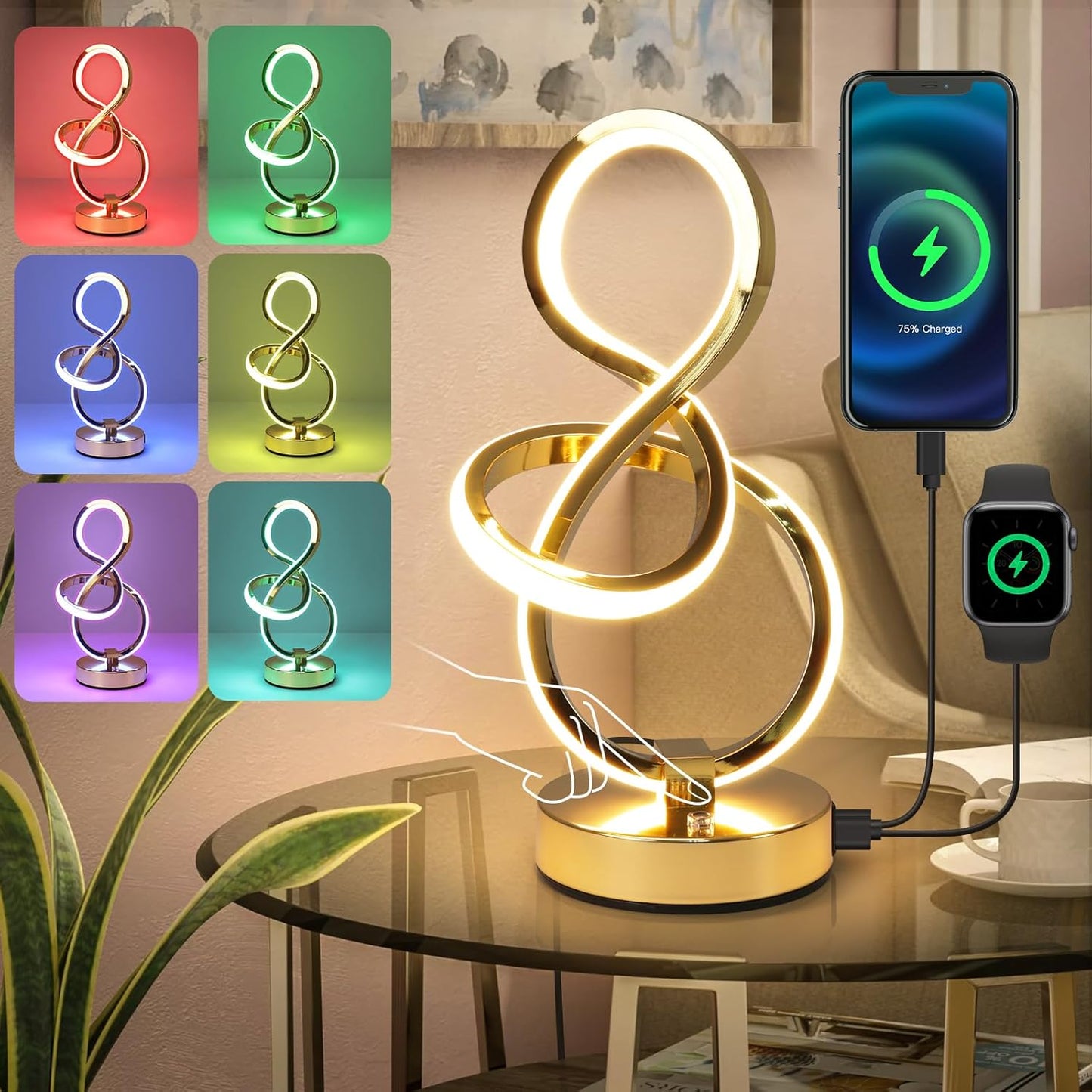 Modern Spiral Table Lamp, 7 Colors 10 Light Modes LED Nightstand Small Lamp with USB C+A Ports, Touch Dimmable Lamps for Living Room Bedroom Bedside, Unique & Cool Lamps,Gold