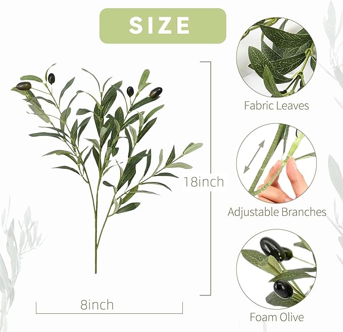 10 PCS 18 Inch Faux Olive Branches for Vases - Realistic Faux Olive Tree Stems with Lifelike Leaves & Fruits, Eucalyptus Stems,Faux Greenery Stems for Centerpieces,Home Decor&Wedding Decor