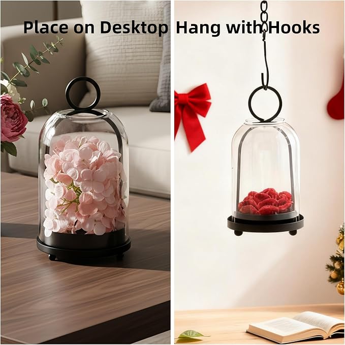 3 Pack Metal Candle Holders with Glass Dome, 5.5" & 4.7" & 3.9" Wide Black Candlestick Holders Set, Versatile Hurricane Lanterns Candleholders for Pillar Candle, Decorative Glass Display Dome Stands