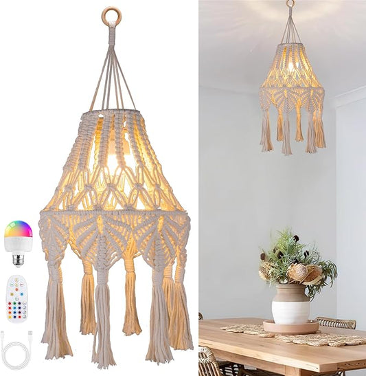 Boho Chic Macrame Pendant Lights with Tassels, Remote Control Dimmable Timer Rechargeable Battery Operated Hanging Lamp, Cotton Rope Wall Decor for Bedroom Living Room