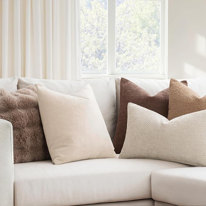 MIULEE Pack of 2 Decorative Throw Pillow Covers Soft Chenille Throw Pillows Solid Textured Cushion Covers Home Decor for Couch Sofa Bedroom Living Room 18x18 Inch,Light Beige
