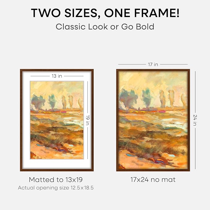 Homeforia 17x24 Picture Frame Brown, High End Dark Oak 17x24 Poster Wood Frame with Mat 13x19 for Photo, 17 x 24 Wooden Walnut Frame Matted to 13 x 19, 24x17 Frames, Tempered Glass, Wall Kit, Set of 2