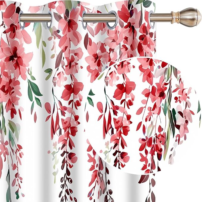 Red Watercolor Floral Curtains 84 inches Long, Botanical Leaves Vine Flowers Rustic Farmhouse Curtains, Blackout Window Treatment Drapes for Bedroom Living Room 42x84inch, 2 Panels