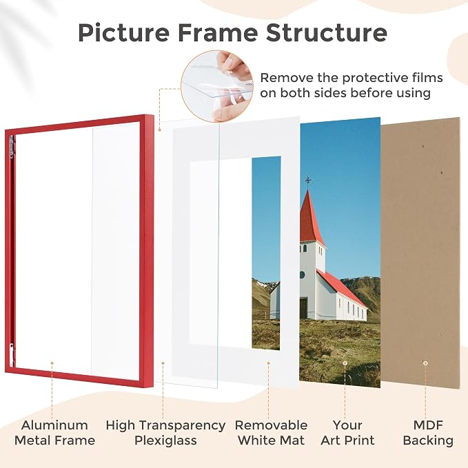 FLYJOE 8x10 Picture Frame for 5x7 Photo, Minimalist Aluminum Frame, Red | Sleek Metal Wall Frame for Gallery, Desk, or Gift Giving | Shatterproof Glass & Wall Kit