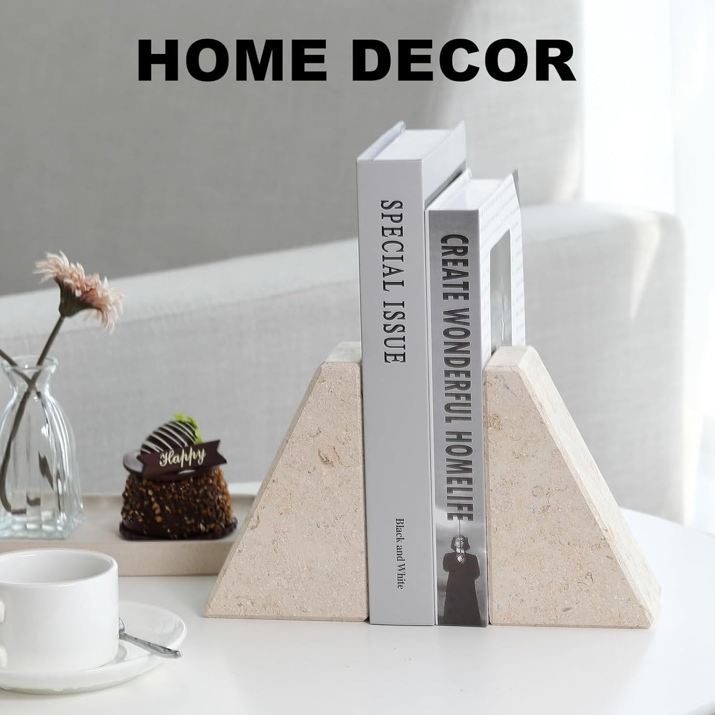 Marble Bookends for Heavy Books, Decorative Book Ends for Shelves, Beige Stone Durable and Heavy-Duty Book Ends for Hardback Books & CDS, Unique Book Stopper & Holder, Set of 2