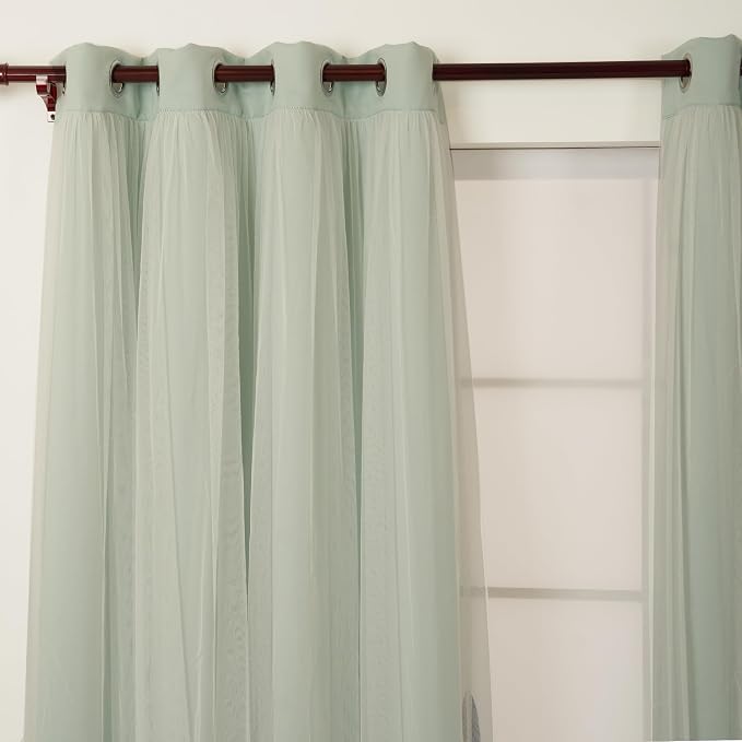 INLINAS 52 x 96 Inch Blackout Curtains with Sheer Overlay - Grommets Thermal and Noise Reduction Panels for Bedroom and Living Room Light Blocking and Energy Saving, Mint, Set of 2
