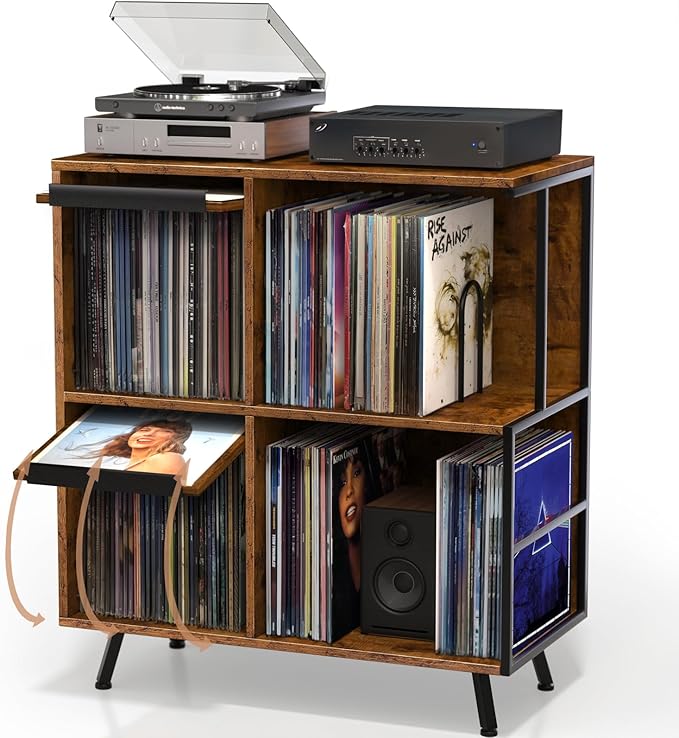 Faesun 3 Tier Flip Top Record Player Stand, Vinyl Record Storage Holds up to 300+ Albums, Large Record Player Cabinet, Vintage Turntable Stand with Vinyl Display, for Living Room Bedroom, Rustic Brown