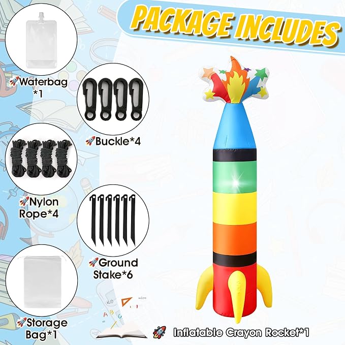 6FT Back to School Inflatable Crayon Rocket Outdoor Decorations, Colorful Blow Up Rocket Crayon Built-in LED Light for Space Party Decor, First Day of School Classroom Yard Garden Photo Props