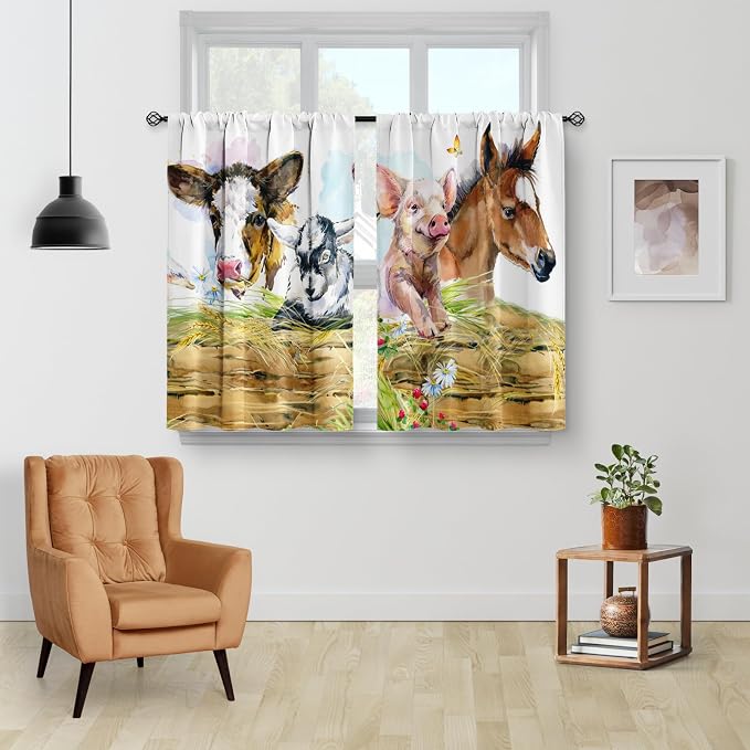 Aimego Country Farmhouse Kitchen Curtains - Cow Horse Pig Farms Short Cafe Small Short Window Curtains Over Sink for Bathroom Living Dining Room Rod Pocket Drapes 45 Inch Length 2 Panel 28"x45"