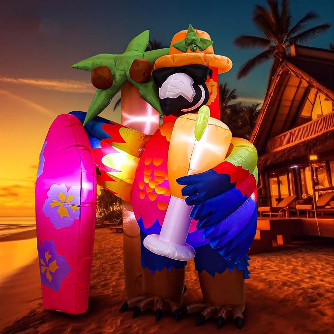 Leyndo 7.2x5.7ft Gaint Hawaiian Inflatable Parrot Decorations Tiki Inflatable Palm Coconut Tree with LED Lights Aloha Luau Hawaiian Tropical Party Decorations for Indoor Outdoor Birthday Beach
