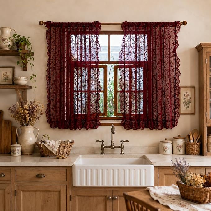 TUDECO Burgundy Kitchen Curtains 45 Inch Length - Chic Short Lace Sheer Cafe Curtains for Window Over Sink, Light Filtering Floral Ruffle Rod Pocket Small Bathroom Curtain Set of 2, 59 x 45 Inch