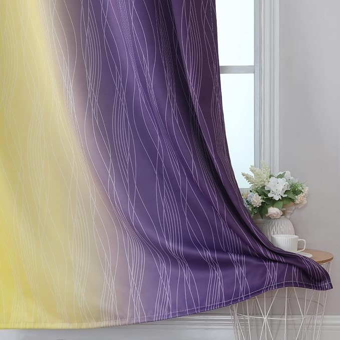 Estelar Textiler Yellow and Purple Ombre Blackout Curtains 84 Inch Length for Bedroom, Thermal Insulated Full Light Blocking Grommet Gradient Blackout Drapes for Living Room, 52Wx84L, 2 Panels