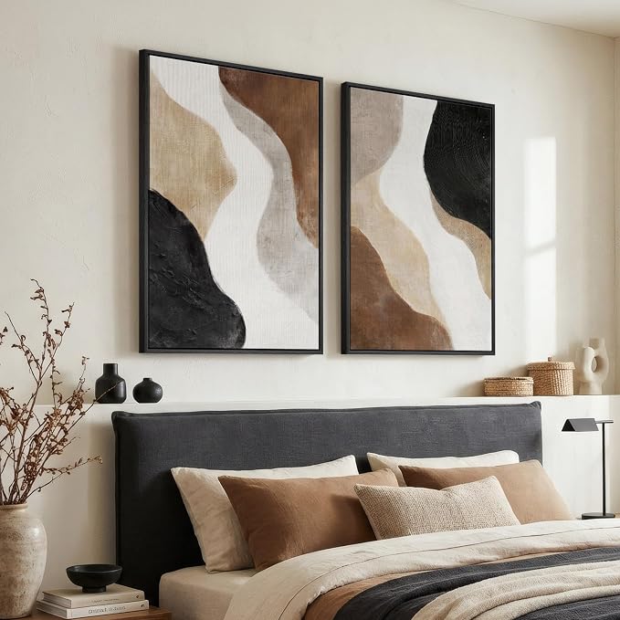 Large Framed Neutral Abstract Wall Art Set of 2 for Living Room, Brown Black White Minimalist Print Canvas Artwork for Walls, Contemporary Mid Century Modern Wall Decor for Bedroom Office, 24x36 In