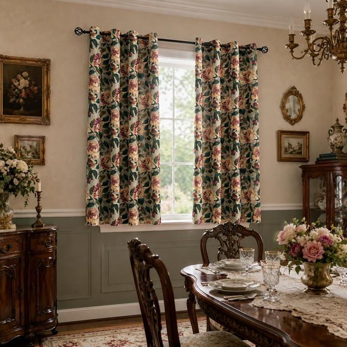 ALIGOGO Floral Drapes 63 Inch Length - Antique Linen Botanical Toile Curtains for Bedroom 2 Panels, Rustic Country Privacy Grommet Light Filtering Grandma Core Decor, 50W x 63L Inch, Taupe