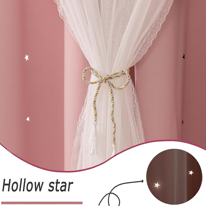 2 Panels Blush Pink Star Blackout Curtains 120 Inches Long, Privacy Light Filtering Cute Drapes for Kids Bedroom, Thick Grommet Double Layer Nursery Princess Curtains for Glass Door (50"W x 120"L)