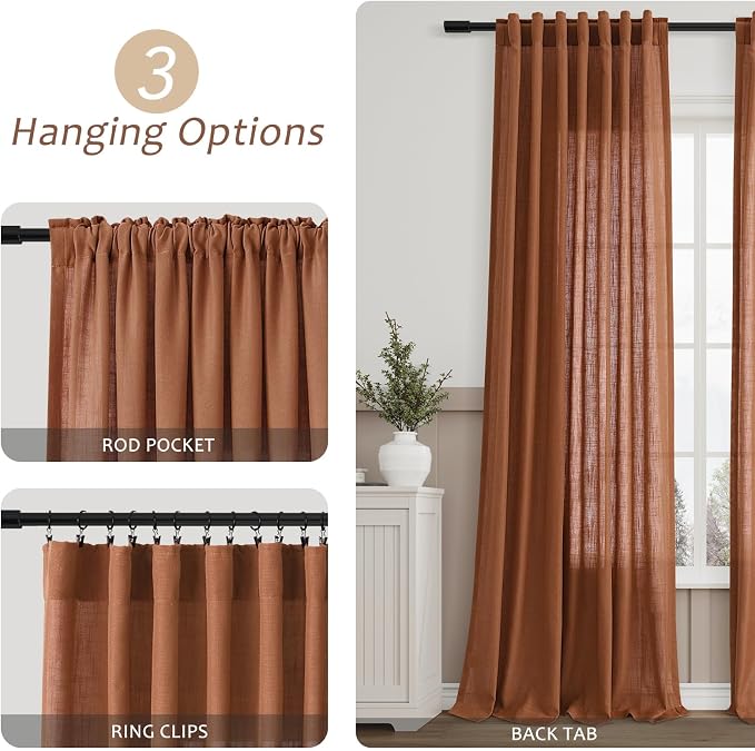 Aersas Terracotta Linen Textured Curtains 72 Inches Long for Living Room 2 Panel Set Back Tab Rod Pocket Semi Sheer Luxury Curtains Pleat Boho Window Curtain Decor for Dining Room Bedroom 52x72