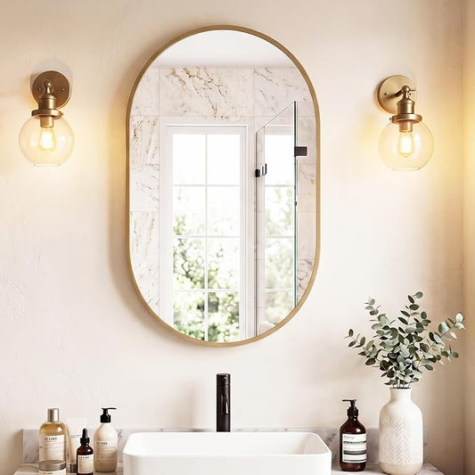 Sweetcrispy 24"x36" Oval Gold Bathroom Mirrors for Wall, Bathroom Mirrors for Over Sink, Metal Framed with HD Shatter-Proof Glass for Entryway, Living Room, Bedroom
