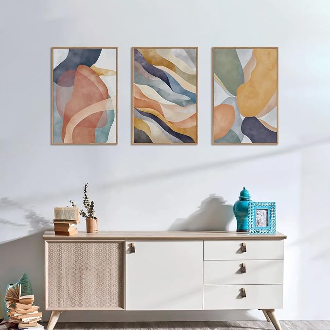 LHIUEM Large Abstract Neutral Framed Canvas Wall Art Set,Colorful Watercolor Block Wall Decor,Boho Geometric Illustrations Artwork for Living Room,Bedroom,Dining Room,Office - 24"x36"x3