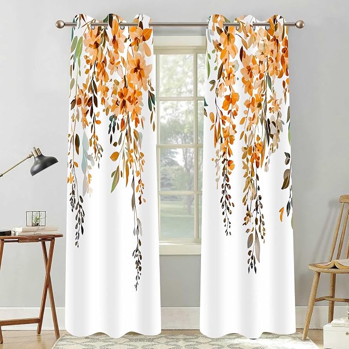 Orange Watercolor Floral Curtains, Botanical Leaves Vine Flowers Curtain, Rustic Farmhouse Flower Leaf Blackout Window Treatment Drapes for Bedroom Living Room 52x90 inch, 2 Panels