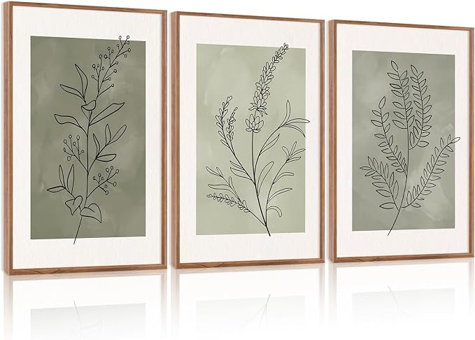 CHDITB Sage Green Botanical Framed Canvas Wall Art Set, Nature Line Art Wall Decor, Neutral Minimalist Floral Artwork, Boho Greenery Plant Flower Art Prints for Living Room, Bedroom, Office 24"x36"x3