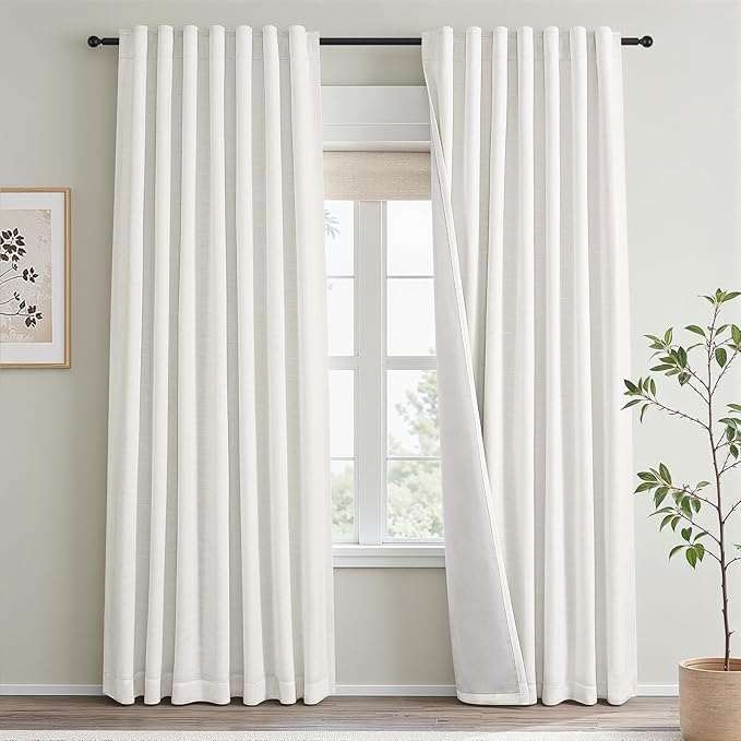 Topfinel 100% Blackout Linen Curtains 90 Inch Long 2 Panels Set, Full Light Blocking Natural Drapes with Back Tabs for Track System, Thermal Insulated Sliding Door Panels Natural 52" W*90" L