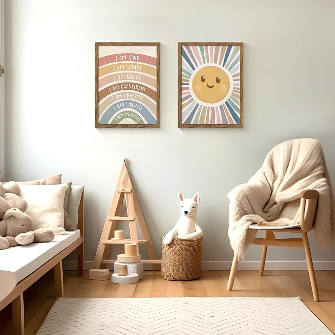 2 Piece Framed Boho Rainbow Kids Room Wall Art 16x24 Inch | Positive Affirmations Playroom Wall Decor, Sun Smiley Face Nursery Painting Canvas Prints for Classroom Toddler Room Decor