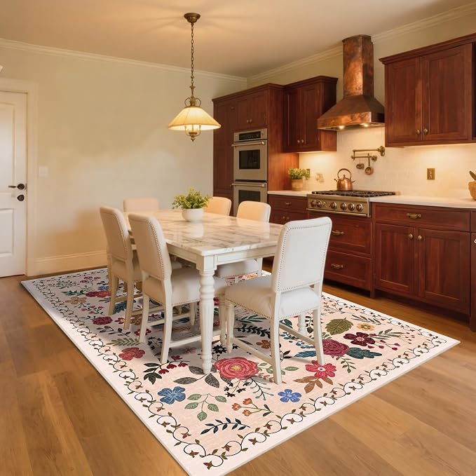 9x12 Area Rugs for Living Room Clearance Washable Boho Area Rug, Vintage Floral Non Slip Low Pile Large Rug for Living Room, Bedroom, Dining Room, Farmhouse (9 x 12 Beige Red)