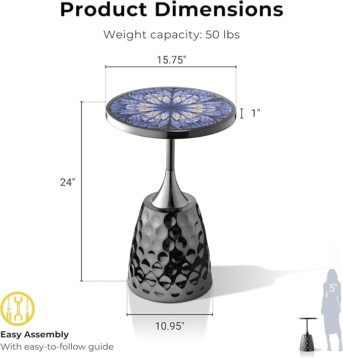 Homes: Inside + Out Halric Modern 24" Tall Round End Table with Printed Tabletop and Iron Metal Base, Accent Furniture, Pedestal Stand for Living Room, Home Office, Black with Geometric Floral