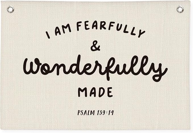 Kids Room Decor - Bible Verse Wall Hanging, 'I am Fearfully and Wonderfully Made' Linen Banner, Canvas Decoration for Classroom, Nursery, Kids Room