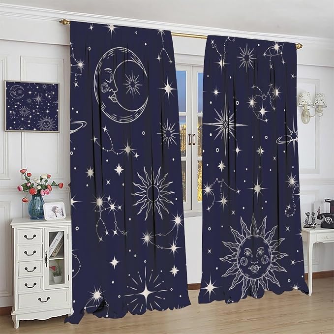 Sun Moon Blackout Curtains, Vintage Mysticism Art Modern Abstract Sun Moon Star Window Drapes, for Bedroom Living Room 63" W X 63" L