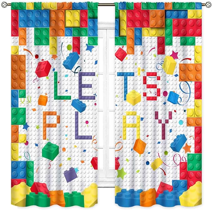 Building Blocks Curtains for Boys Room, Abstract Colorful Plastic Building Brick Blocks Geometric Printed Pattern Window Treatment Drapes for Kids Baby Bedroom Living Room, 63"x63" Inch