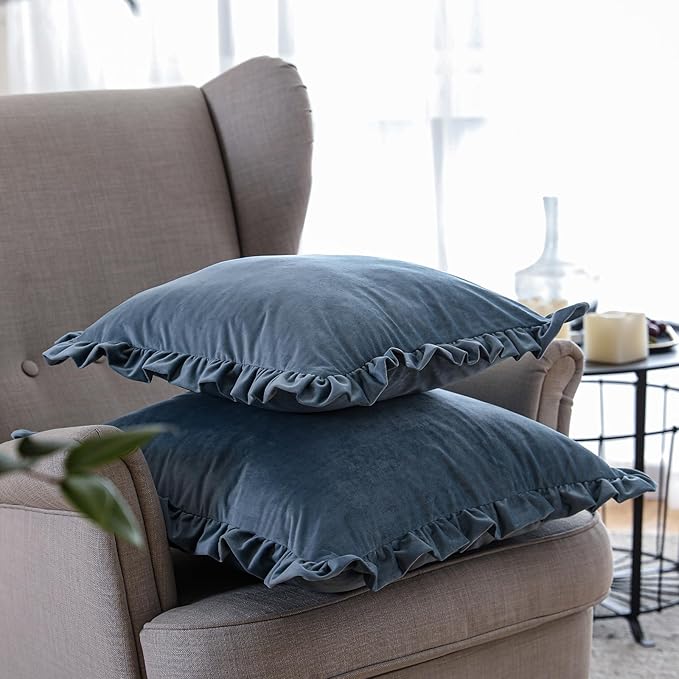 ISAENNE Classic Port Gray Square Throw Pillow Covers 18"x18" Set of 2, Solid Color Farmhouse Velvet Decoration Pillow Cover with Ruffles,Throw Pillow Case for Couch Sofa Bed Living Room Car