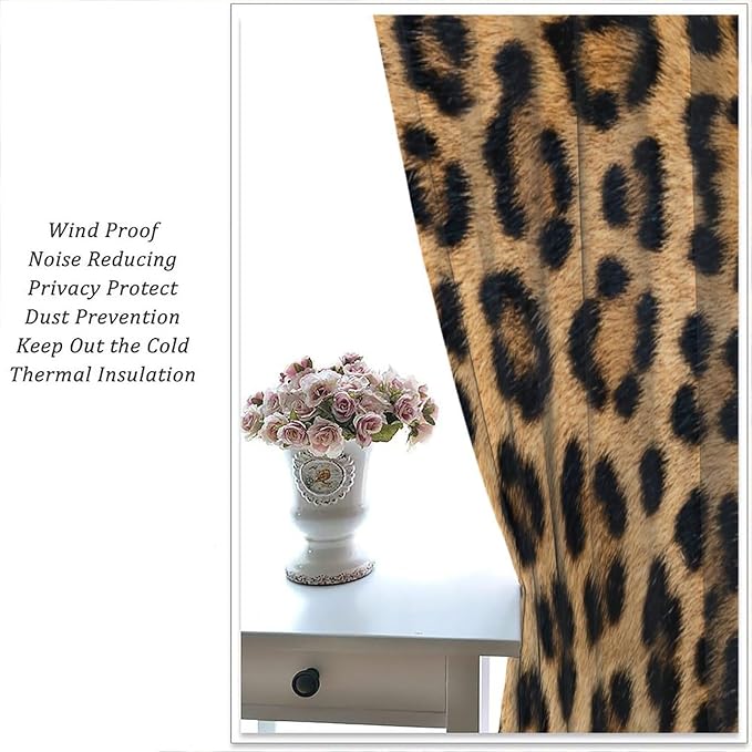 Leopard Print Blackout Curtains, Retro Wild Animal Skin Black Brown Fur Leopard Print Rod Pocket Curtain Window Treatments 2 Panels Drapes for Kitchen Bedroom Living Room Office Deocr 63"W X 63"L