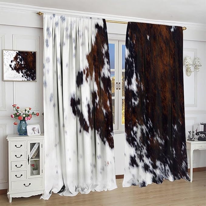 Cow Print Blackout Curtain,Retro Farm Style Animals Brown Cowhide Cow Fur Print Window Treatments Rod Pocket Curtain for Bedroom Living Room Kitchen Decor Drapes 72x63in