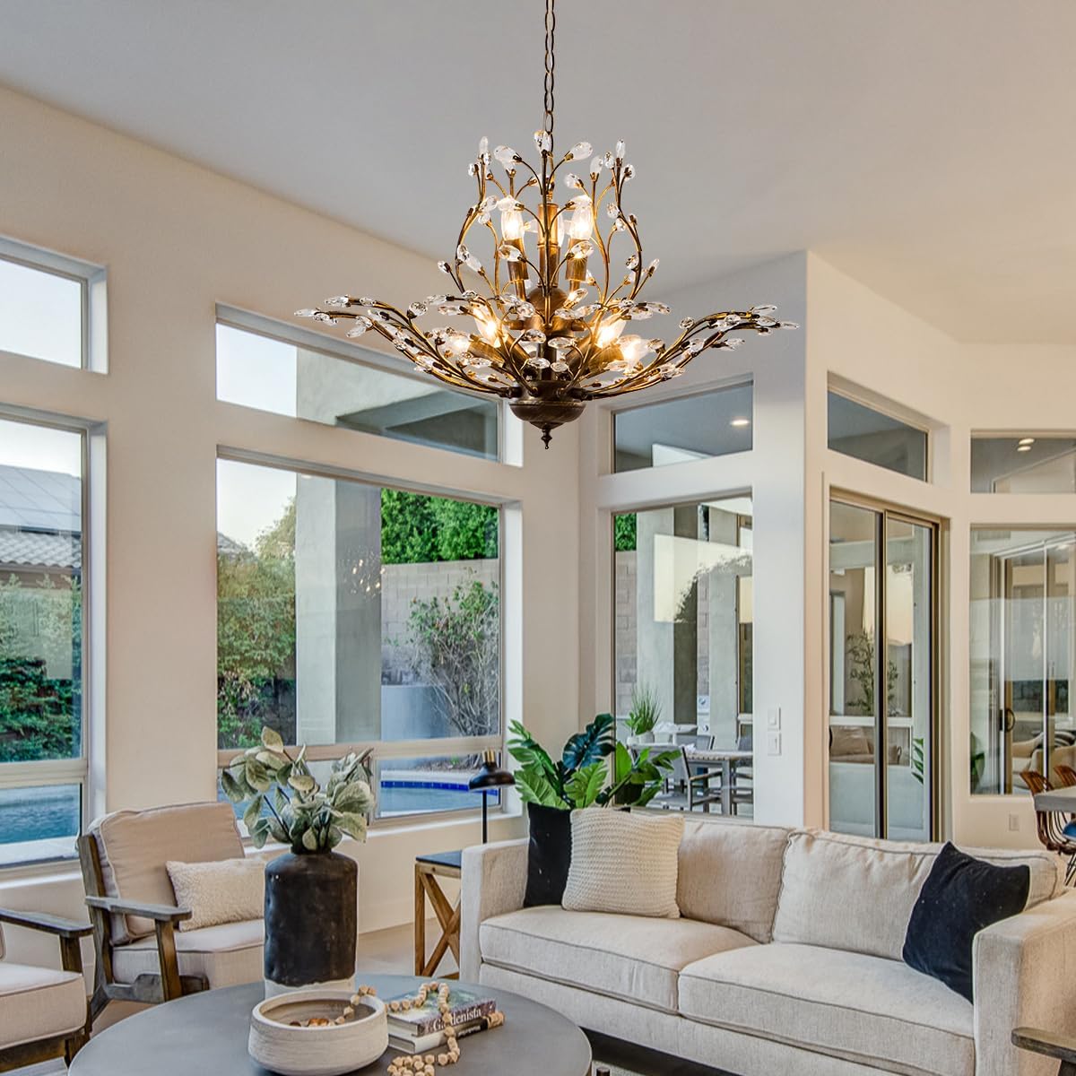 Vintage Farmhouse Chandelier 8-Light Crystal Branch Pendant Lights for Living Room Dining Room Porch Kitchen Island Bedroom Restaurant, Aged Bronze