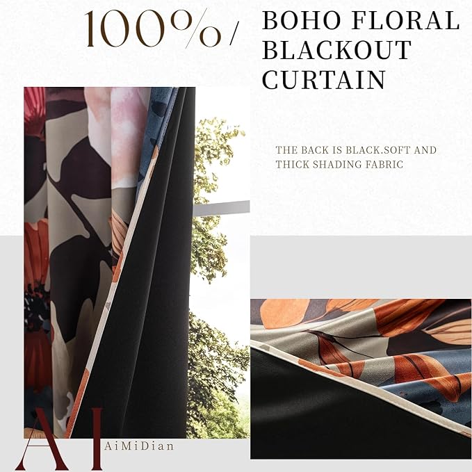 Floral 100% Blackout Curtains 96 inch Long 2 Panels for Bedroom Black Out Curtains Vintage Olive Sage Green Floral Botanical Pattern Full Light Blocking Window Drapes for Living Room 52 x 96 Inch
