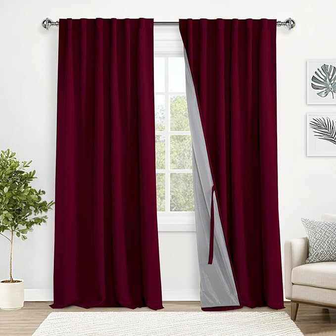 XWZO 100% Blackout Curtains with Tiebacks- Heat and Full Light Blocking Window Drapes for Home Theater, 95 Inches Long Thermal Insulated Draperies, Rod Pocket & Back Tab, Burgundy, W52 x L95, 2 Panels